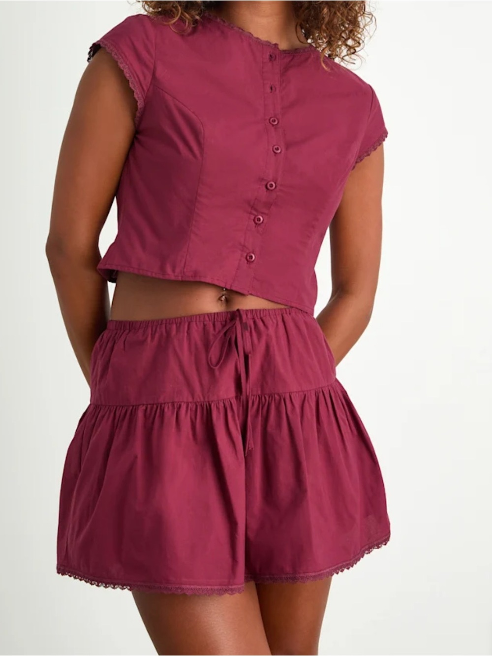 Lulu's Burgundy Button-Front Top & Tiered Skirt Set
